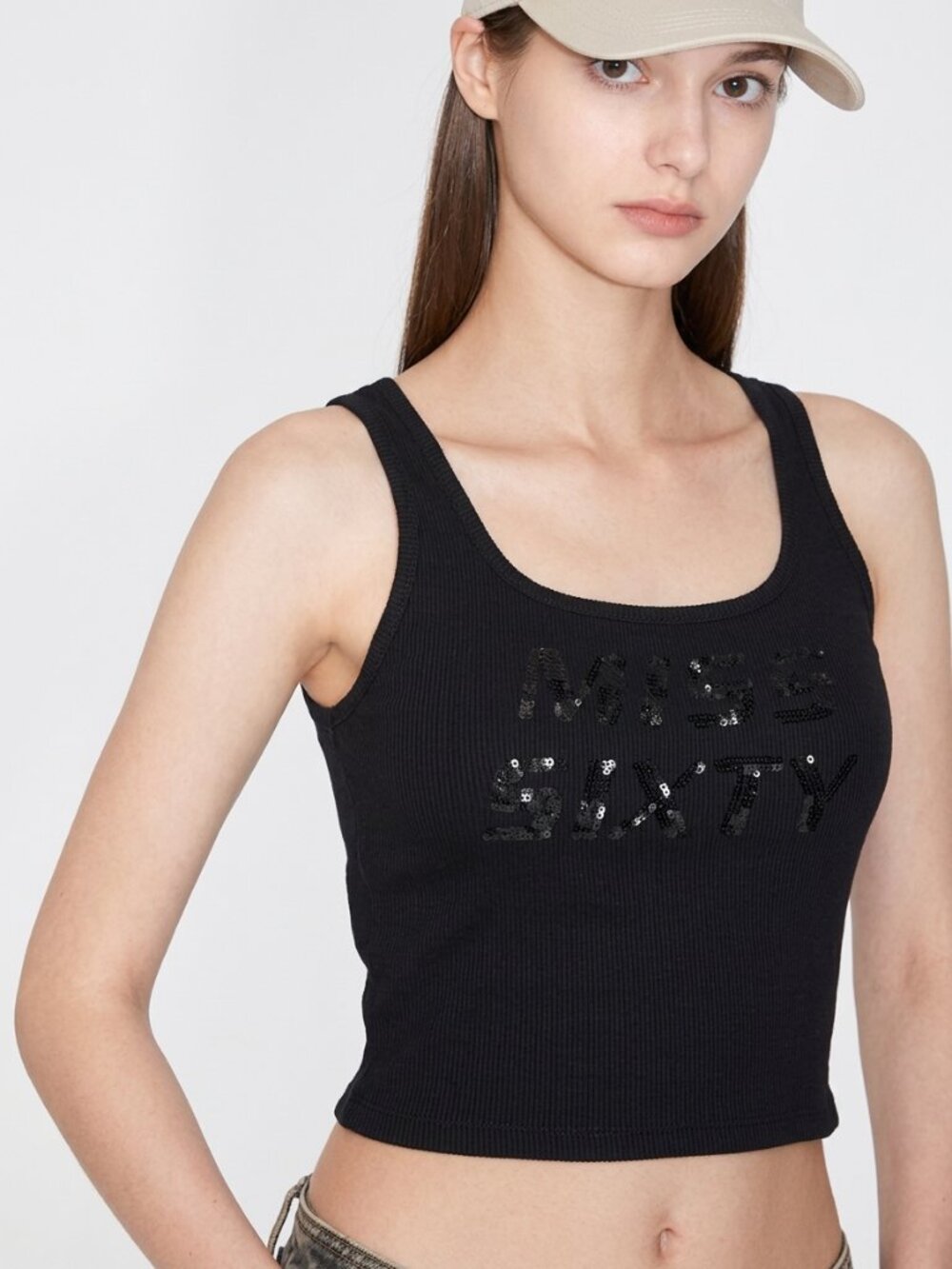 2/$30 NWT Miss Sixty Logo Sequin Ribbed Crop Tank Top Camisole Black XS #A4547